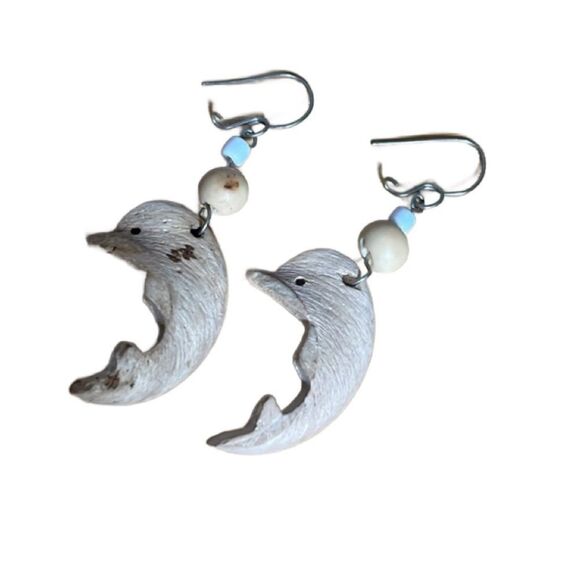 Vintage Brazilian Wooden Dolphin Earrings with Beads (Purchased in Brazil) - Picture 1 of 9
